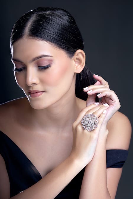 Shop_Moh-Maya By Disha Khatri_Silver Plated Zari Zircon Studded Ring _Online_at_Aza_Fashions