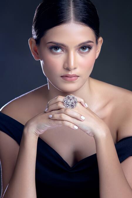 Shop Moh-Maya By Disha Khatri Silver Plated Zari Amethyst And Zircon Stone Studded Ring Online at Aza Fashions Shop_Moh-Maya By Disha Khatri_Silver Plated Zari Amethyst And Zircon Stone Studded Ring _Online_at_Aza_Fashions