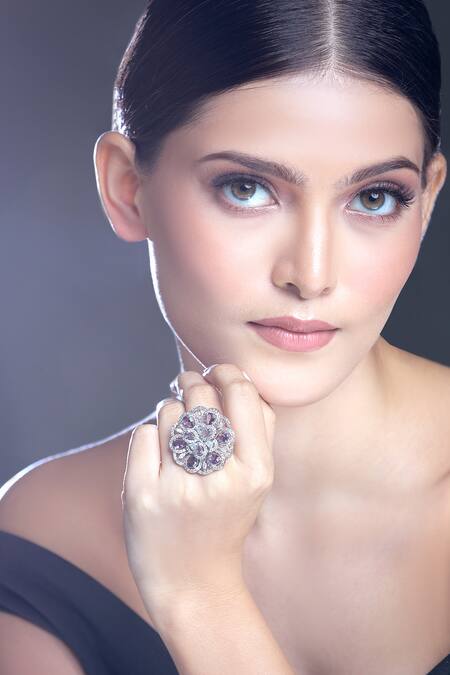 Buy Moh-Maya By Disha Khatri Silver Plated Zari Amethyst And Zircon Stone Studded Ring Buy_Moh-Maya By Disha Khatri_Silver Plated Zari Amethyst And Zircon Stone Studded Ring