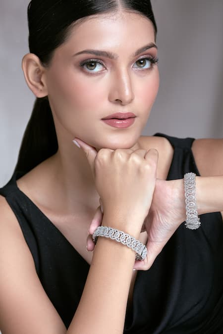 Moh-Maya By Disha Khatri Silver Plated Zari, Diamonds Moissanite And Zircon Bangles Set 