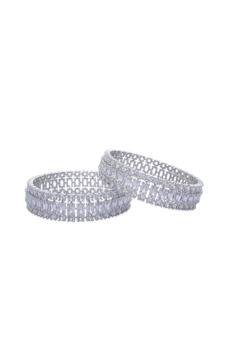 Shop Moh-Maya By Disha Khatri Silver Plated Zari, Diamonds Moissanite And Zircon Studded Bangles - Set Of 2 at Aza Fashions Shop_Moh-Maya By Disha Khatri_Silver Plated Zari, Diamonds Moissanite And Zircon Studded Bangles - Set Of 2 _at_Aza_Fashions