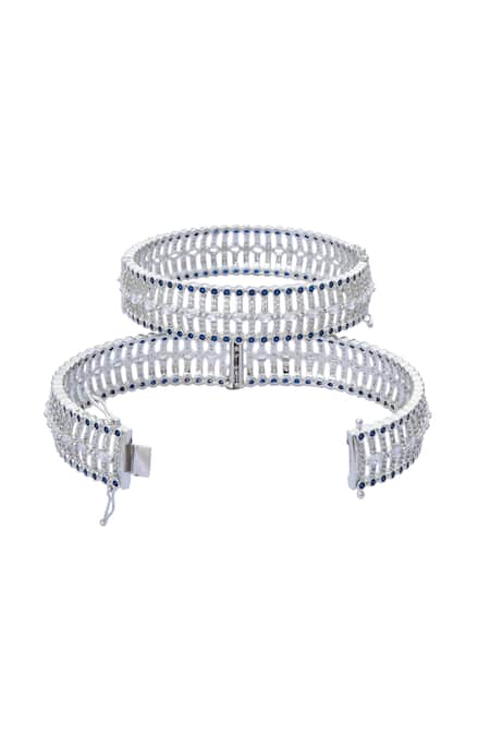 Shop Moh-Maya By Disha Khatri Silver Plated Zari, Diamonds Moissanite Zircon Embellished Bangles - Set Of 2 at Aza Fashions Shop_Moh-Maya By Disha Khatri_Silver Plated Zari, Diamonds Moissanite Zircon Embellished Bangles - Set Of 2 _at_Aza_Fashions