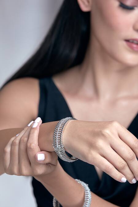 Moh-Maya By Disha Khatri Silver Plated Zari, Diamonds Moissanite Zircon Embellished Bangles - Set Of 2 at Aza Fashions Moh-Maya By Disha Khatri_Silver Plated Zari, Diamonds Moissanite Zircon Embellished Bangles - Set Of 2 _at_Aza_Fashions