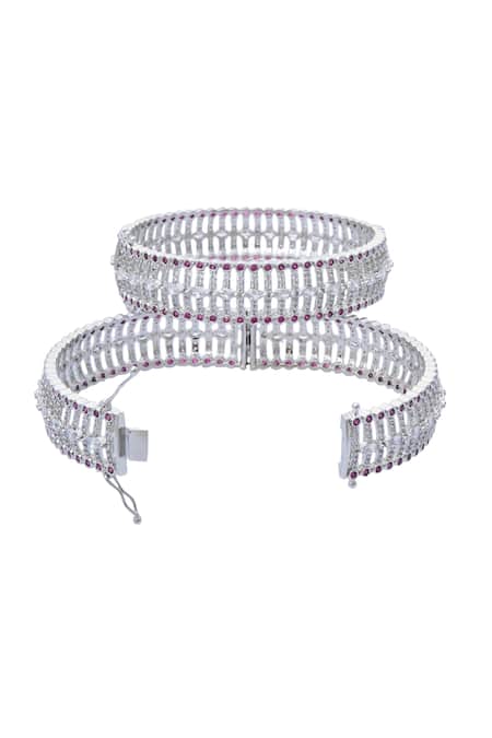 Shop Moh-Maya By Disha Khatri Silver Plated Zari, Diamonds Moissanite And Ruby Studded Bangles at Aza Fashions Shop_Moh-Maya By Disha Khatri_Silver Plated Zari, Diamonds Moissanite And Ruby Studded Bangles_at_Aza_Fashions