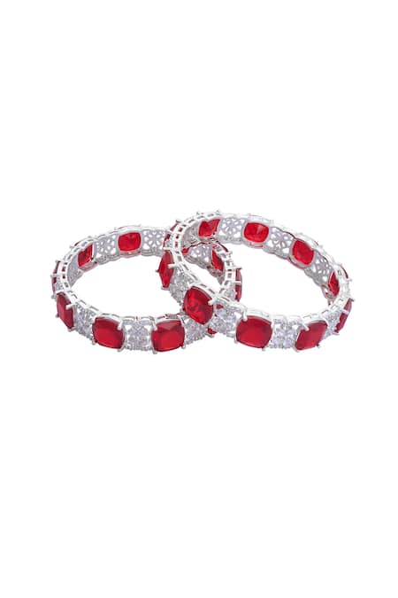 Shop Moh-Maya By Disha Khatri Silver Plated Zari, Diamonds Zircon And Ruby Stone Studded Bangles - Set Of 2 at Aza Fashions Shop_Moh-Maya By Disha Khatri_Silver Plated Zari, Diamonds Zircon And Ruby Stone Studded Bangles - Set Of 2 _at_Aza_Fashions