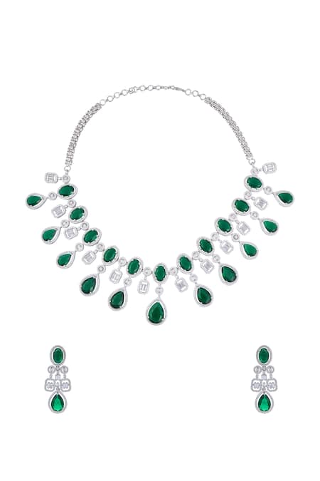 Shop Moh-Maya By Disha Khatri Silver Plated Zari, Mirrors Zircon And Emerald Stone Embellished Necklace Set at Aza Fashions Shop_Moh-Maya By Disha Khatri_Silver Plated Zari, Mirrors Zircon And Emerald Stone Embellished Necklace Set _at_Aza_Fashions