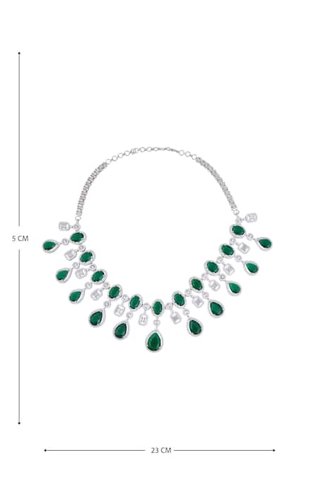 Moh-Maya By Disha Khatri Silver Plated Zari, Mirrors Zircon And Emerald Stone Embellished Necklace Set at Aza Fashions Moh-Maya By Disha Khatri_Silver Plated Zari, Mirrors Zircon And Emerald Stone Embellished Necklace Set _at_Aza_Fashions