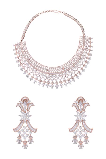 Shop_Moh-Maya By Disha Khatri_Rose Gold Zari Zircon And Emerald Stone Embellished Necklace Set _at_Aza_Fashions