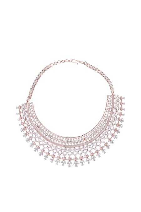 Moh-Maya By Disha Khatri_Rose Gold Zari Zircon And Emerald Stone Embellished Necklace Set _Online_at_Aza_Fashions