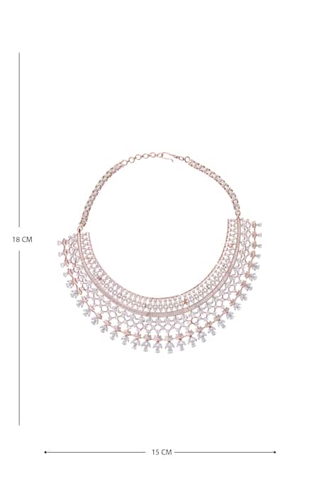 Shop_Moh-Maya By Disha Khatri_Rose Gold Zari Zircon And Emerald Stone Embellished Necklace Set 