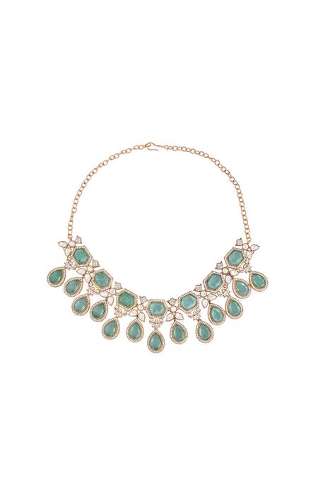 Shop_Moh-Maya By Disha Khatri_Gold Plated Zari Zircon Embellished Necklace Set _Online_at_Aza_Fashions