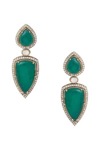 Shop Moh-Maya By Disha Khatri Gold Plated Zari Zircon And Emerald Stone Embellished Earrings at Aza Fashions Shop_Moh-Maya By Disha Khatri_Gold Plated Zari Zircon And Emerald Stone Embellished Earrings _at_Aza_Fashions
