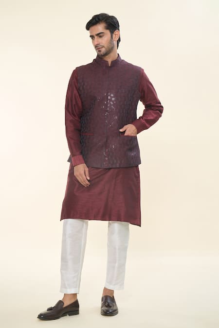 RNG Safawala Maroon Raw Silk Embroidered Thread Kurta Set With Sequin Nehru Jacket 