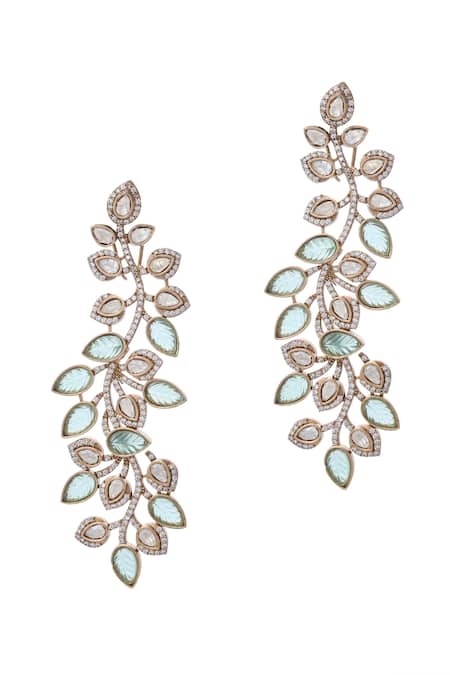 Shop Moh-Maya By Disha Khatri Gold Plated Zari, Mirrors Zircon Stone Embellished Earrings at Aza Fashions Shop_Moh-Maya By Disha Khatri_Gold Plated Zari, Mirrors Zircon Stone Embellished Earrings _at_Aza_Fashions