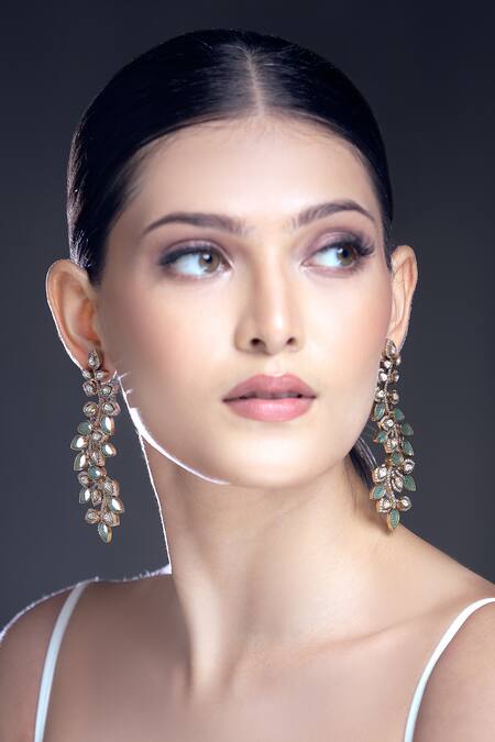 Shop Moh-Maya By Disha Khatri Gold Plated Zari, Mirrors Zircon Stone Embellished Earrings Online at Aza Fashions Shop_Moh-Maya By Disha Khatri_Gold Plated Zari, Mirrors Zircon Stone Embellished Earrings _Online_at_Aza_Fashions