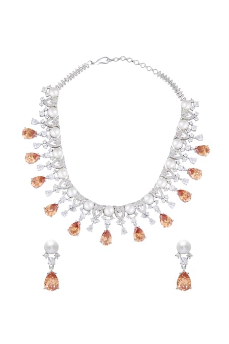 Shop Moh-Maya By Disha Khatri Silver Plated Pearls, Zari Zircon And Embellished Necklace Set at Aza Fashions Shop_Moh-Maya By Disha Khatri_Silver Plated Pearls, Zari Zircon And Embellished Necklace Set _at_Aza_Fashions