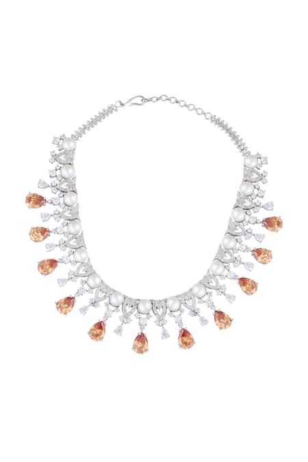 Shop Moh-Maya By Disha Khatri Silver Plated Pearls, Zari Zircon And Embellished Necklace Set Online at Aza Fashions Shop_Moh-Maya By Disha Khatri_Silver Plated Pearls, Zari Zircon And Embellished Necklace Set _Online_at_Aza_Fashions