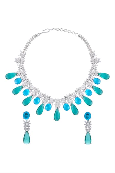Shop Moh-Maya By Disha Khatri Silver Plated Zari Zircon Embellished Necklace Set at Aza Fashions Shop_Moh-Maya By Disha Khatri_Silver Plated Zari Zircon Embellished Necklace Set _at_Aza_Fashions