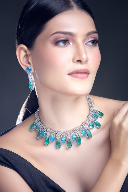 Buy Moh-Maya By Disha Khatri Silver Plated Zari Zircon Embellished Necklace Set Online at Aza Fashions Buy_Moh-Maya By Disha Khatri_Silver Plated Zari Zircon Embellished Necklace Set _Online_at_Aza_Fashions