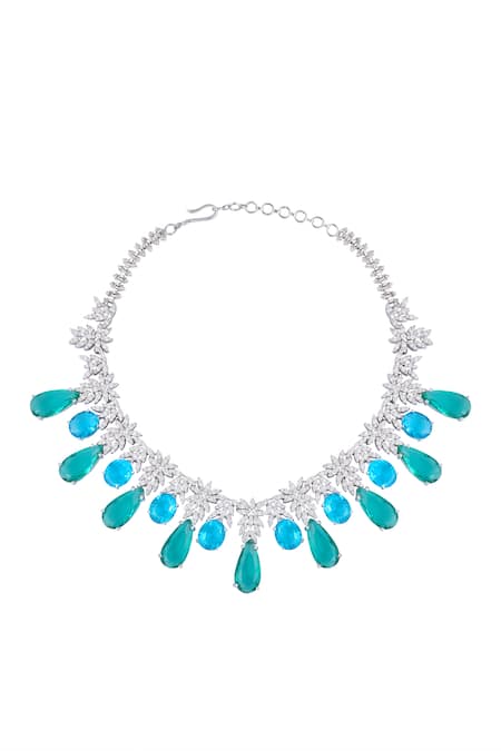 Shop Moh-Maya By Disha Khatri Silver Plated Zari Zircon Embellished Necklace Set Online at Aza Fashions Shop_Moh-Maya By Disha Khatri_Silver Plated Zari Zircon Embellished Necklace Set _Online_at_Aza_Fashions