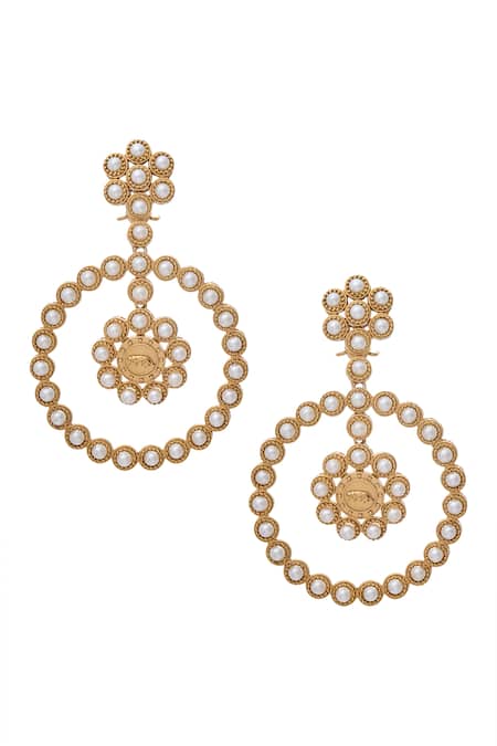 Shop_Moh-Maya By Disha Khatri_Gold Plated Pearls Embellished Danglers _at_Aza_Fashions