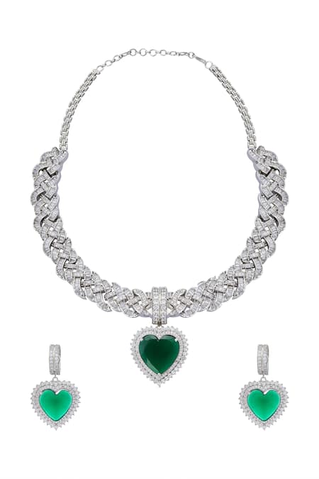 Shop_Moh-Maya By Disha Khatri_Silver Plated Zari Zircon And Emerald Stone Embellished Necklace Set _at_Aza_Fashions