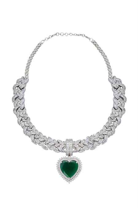 Shop_Moh-Maya By Disha Khatri_Silver Plated Zari Zircon And Emerald Stone Embellished Necklace Set _Online_at_Aza_Fashions