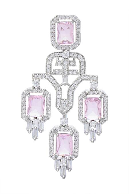 Buy_Moh-Maya By Disha Khatri_Pink Zari Geometric Chandelier Carved Necklace Set _Online_at_Aza_Fashions