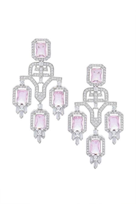 Shop_Moh-Maya By Disha Khatri_Pink Zari Geometric Chandelier Carved Necklace Set _Online_at_Aza_Fashions