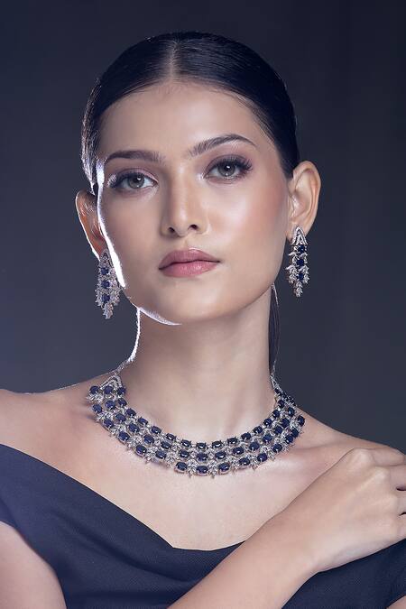 Moh-Maya By Disha Khatri_Blue Zari, Stones Sapphire Embellished Choker Set_Online_at_Aza_Fashions