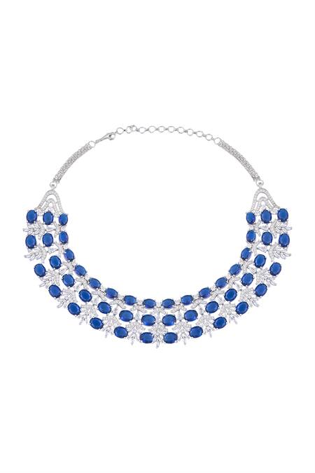 Shop_Moh-Maya By Disha Khatri_Blue Zari, Stones Sapphire Embellished Choker Set_Online_at_Aza_Fashions