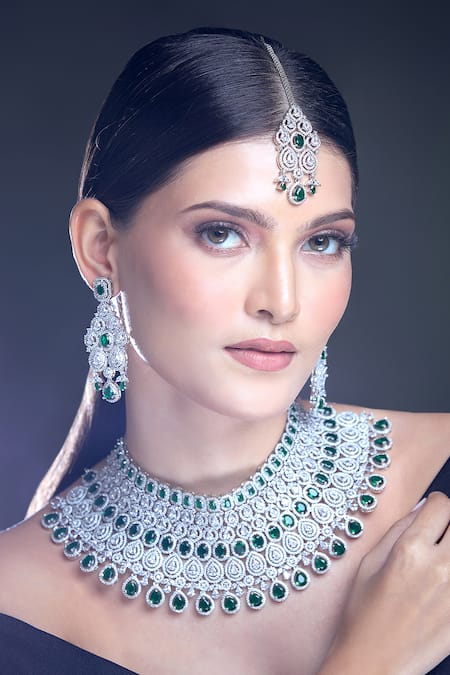 Moh-Maya By Disha Khatri_Green Zari, Stones, Diamonds Zircon Embellished Jewellery Set _Online_at_Aza_Fashions