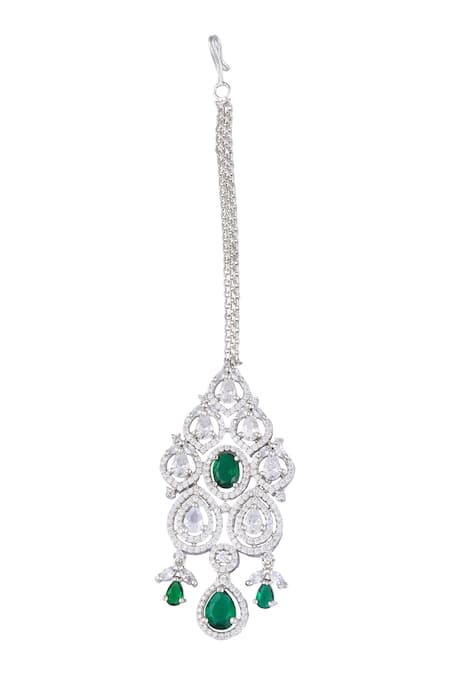 Buy_Moh-Maya By Disha Khatri_Green Zari, Stones, Diamonds Zircon Embellished Jewellery Set _Online_at_Aza_Fashions