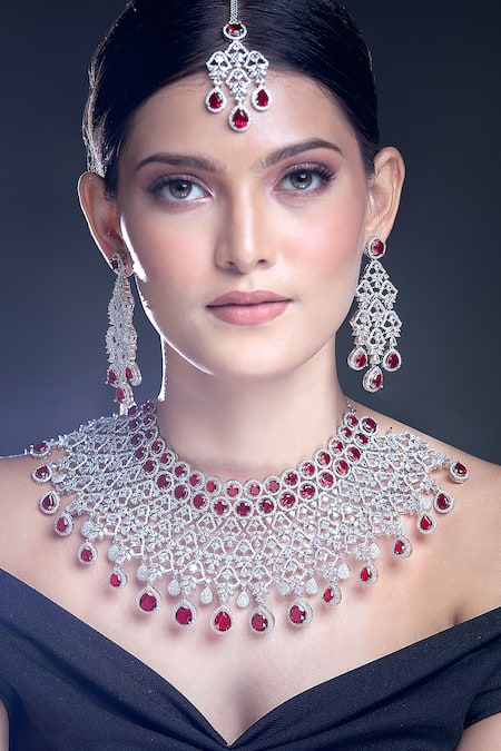 Moh-Maya By Disha Khatri Ruby Stone & Zircon Embellished Jewellery Set 
