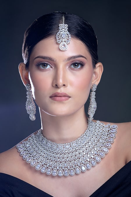 Moh-Maya By Disha Khatri Zircon Cutwork Embellished Jewellery Set 