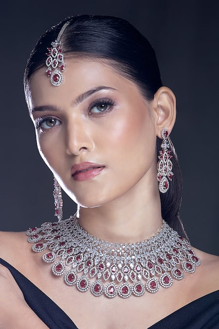 Moh-Maya By Disha Khatri Ruby Stone Cutwork Embellished Jewellery Set 