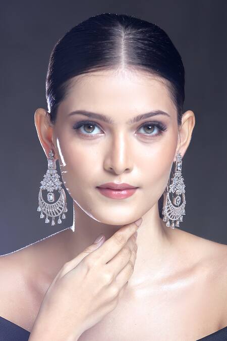 Buy_Moh-Maya By Disha Khatri_Silver Plated Zari, Diamonds Floral Cutwork Embellished Earrings_Online_at_Aza_Fashions