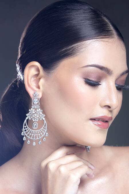 Shop_Moh-Maya By Disha Khatri_Silver Plated Zari, Diamonds Floral Cutwork Embellished Earrings_Online_at_Aza_Fashions