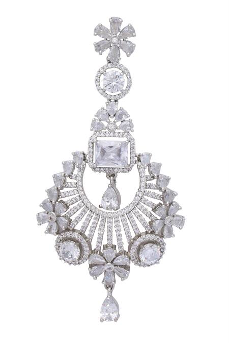 Moh-Maya By Disha Khatri_Silver Plated Zari, Diamonds Floral Cutwork Embellished Dangler Earrings_at_Aza_Fashions