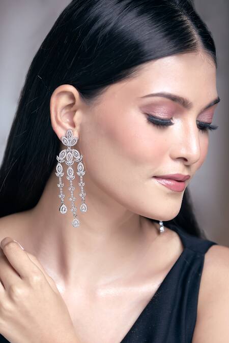 Shop_Moh-Maya By Disha Khatri_Silver Plated Zari, Diamonds Tear Drop Carved Earrings_Online_at_Aza_Fashions