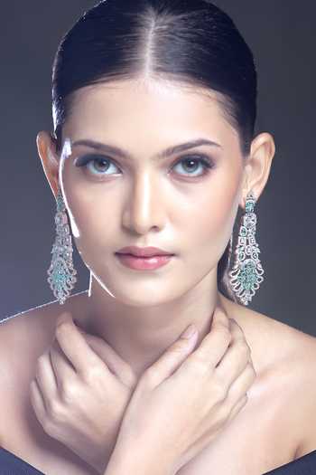 Buy_Moh-Maya By Disha Khatri_Green Zari, Embroidery, Stones Floral Carved Zircon Embellished Earrings_Online_at_Aza_Fashions