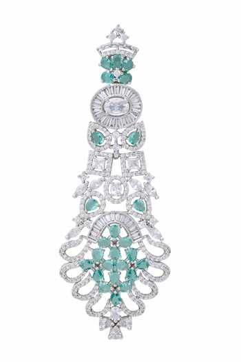 Shop_Moh-Maya By Disha Khatri_Green Zari, Embroidery, Stones Floral Carved Zircon Embellished Earrings_Online_at_Aza_Fashions