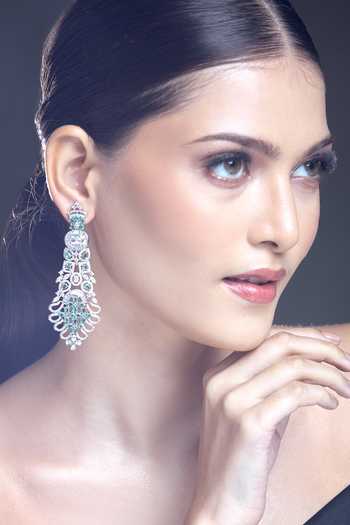 Moh-Maya By Disha Khatri_Green Zari, Embroidery, Stones Floral Carved Zircon Embellished Earrings_at_Aza_Fashions
