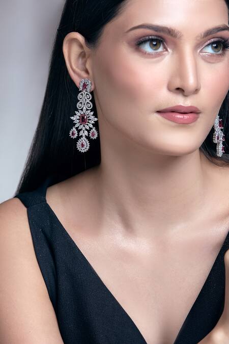 Buy Moh-Maya By Disha Khatri Red Zari, Ruffles, Stones Flower Carved Zircon Embellished Earrings Online at Aza Fashions Buy_Moh-Maya By Disha Khatri_Red Zari, Ruffles, Stones Flower Carved Zircon Embellished Earrings_Online_at_Aza_Fashions