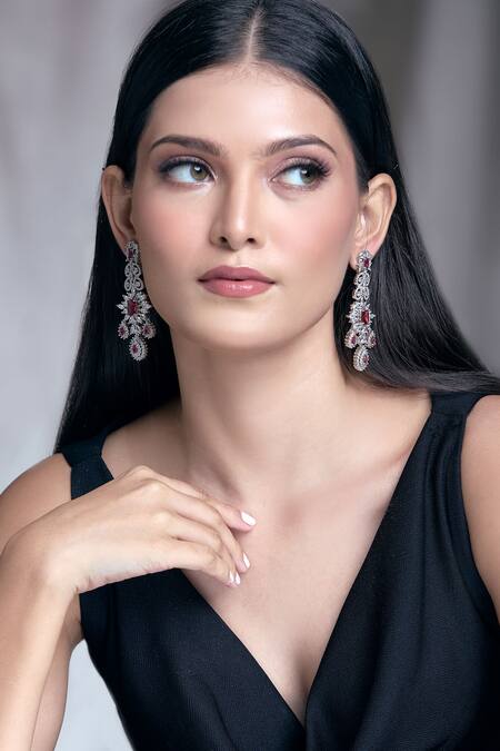 Shop Moh-Maya By Disha Khatri Red Zari, Ruffles, Stones Flower Carved Zircon Embellished Earrings Online at Aza Fashions Shop_Moh-Maya By Disha Khatri_Red Zari, Ruffles, Stones Flower Carved Zircon Embellished Earrings_Online_at_Aza_Fashions