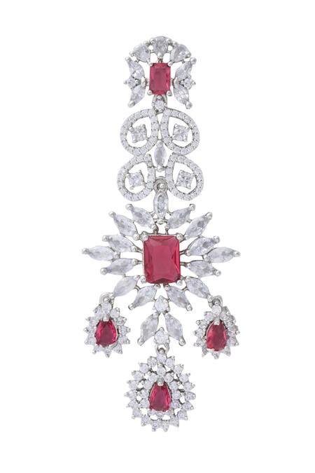 Moh-Maya By Disha Khatri Red Zari, Ruffles, Stones Flower Carved Zircon Embellished Earrings at Aza Fashions Moh-Maya By Disha Khatri_Red Zari, Ruffles, Stones Flower Carved Zircon Embellished Earrings_at_Aza_Fashions