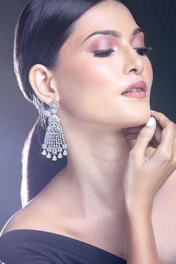 Buy_Moh-Maya By Disha Khatri_Silver Plated Zari, Diamonds Floral Dangler Zircon Embellished Earrings_Online_at_Aza_Fashions