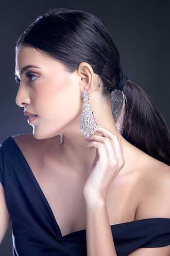 Shop_Moh-Maya By Disha Khatri_Silver Plated Zari, Diamonds Floral Dangler Zircon Embellished Earrings_Online_at_Aza_Fashions