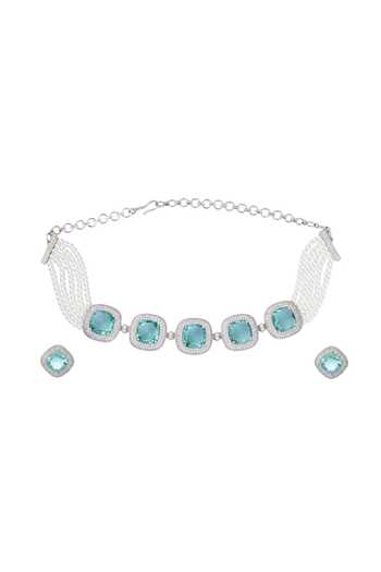 Shop Moh-Maya By Disha Khatri Silver Plated Pearls, Stones, Zari Embellished Choker Set at Aza Fashions Shop_Moh-Maya By Disha Khatri_Silver Plated Pearls, Stones, Zari Embellished Choker Set _at_Aza_Fashions