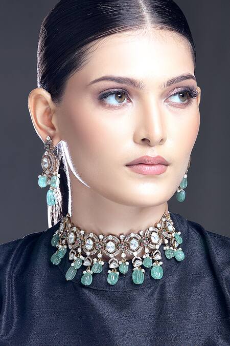 Moh-Maya By Disha Khatri_Green Pearls, Zari, Beads Moissanite Polki Embellished Necklace Set _Online_at_Aza_Fashions
